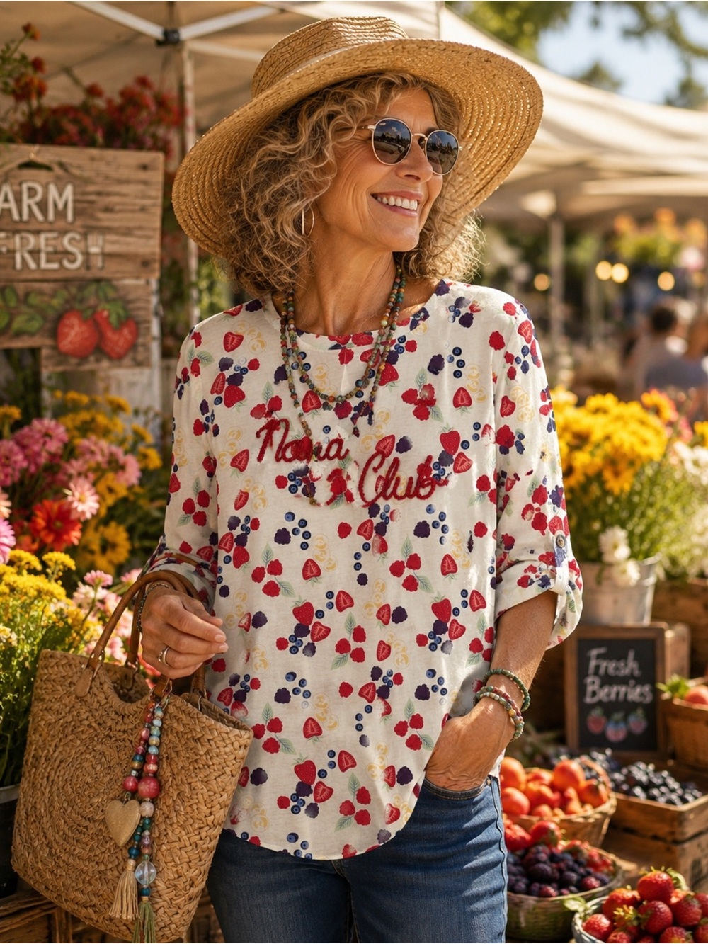 NWT Feeling Festive Cream Fruit Print Nana Club Long Sleeve Top Size XL